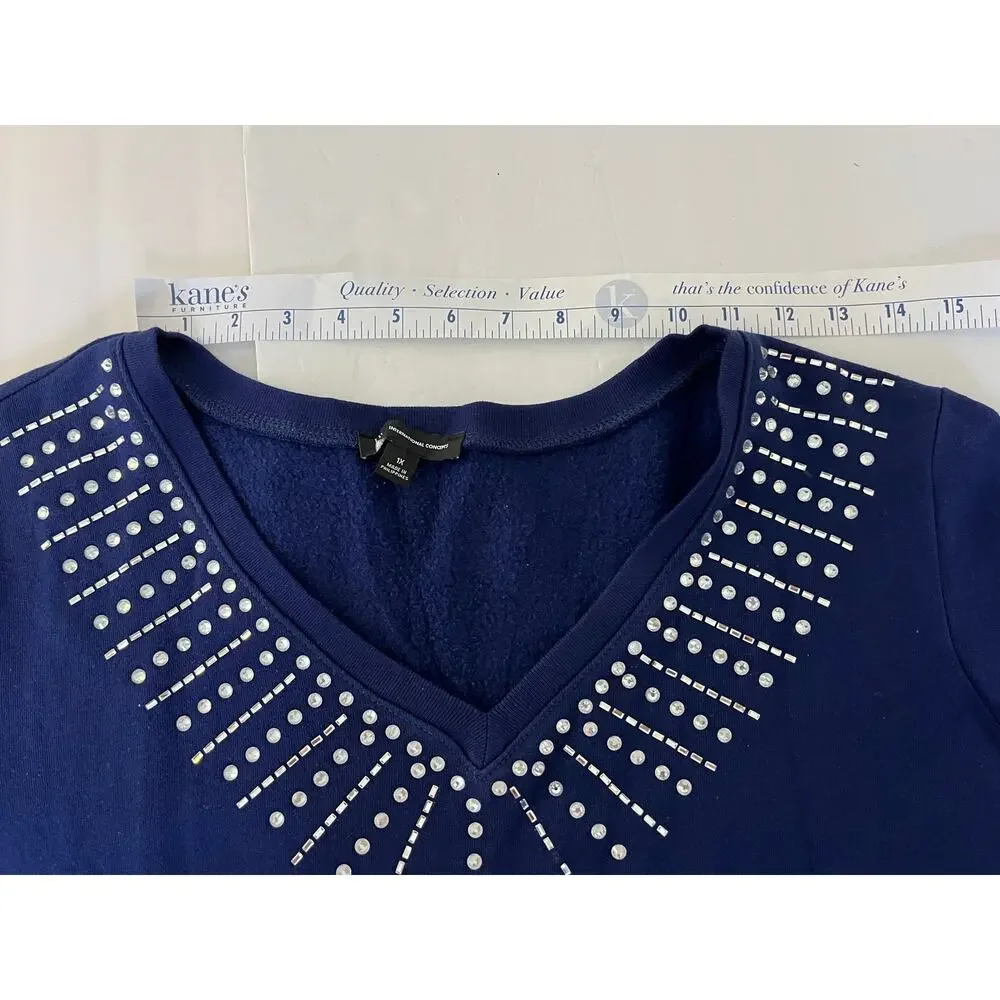 INC International Concepts Navy Rhinestone Embellished V-Neck Sweatshirt Top 1X